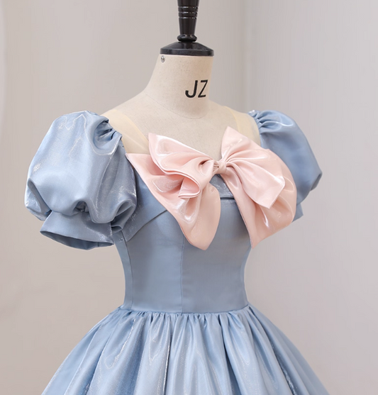 Sweet Princess Light Blue Square Neck Bow Puff Sleeve Satin Ball Gown Evening Dress Sweet 16 Dress P4414