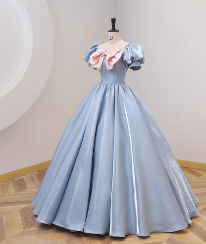 Süße Prinzessin Hellblaues quadratischer Ausschnitt Schleife Puffärmel Satin Ballkleid Abendkleid Sweet 16 Kleid P4414