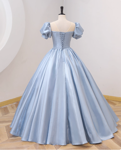 Süße Prinzessin Hellblaues quadratischer Ausschnitt Schleife Puffärmel Satin Ballkleid Abendkleid Sweet 16 Kleid P4414