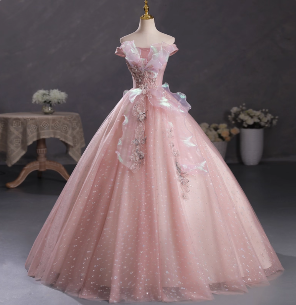 Dreamy Pink Off-Shoulder 3D Floral Iridescent Tulle Ball Gown Evening Dress Sweet 16 Dress P4415