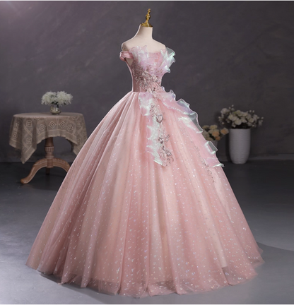 Robe de Soirée Féérique Rose Épaule Dénudée en Tulle Irisé à Fleurs 3D Robe de Bal Quinceañera P4415