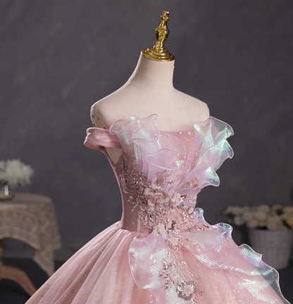 Robe de Soirée Féérique Rose Épaule Dénudée en Tulle Irisé à Fleurs 3D Robe de Bal Quinceañera P4415