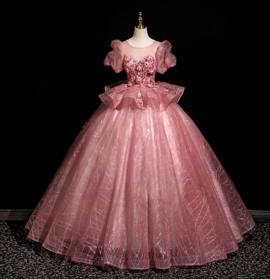 Gorgeous Princess Pink Crew Neck Puff Sleeve Tulle Ball Gown Evening Dress Sweet 16 Dress P4416