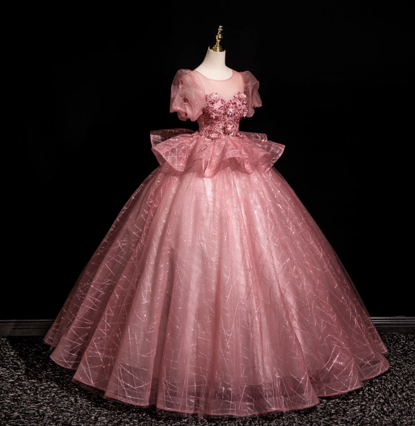 Gorgeous Princess Pink Crew Neck Puff Sleeve Tulle Ball Gown Evening Dress Sweet 16 Dress P4416