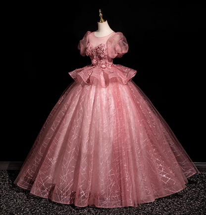 Superbe Robe de Soirée Bouffante en Tulle Rose Col Rond Manches Bouffantes Princesse Robe de Soirée Douce 16 Ans P4416
