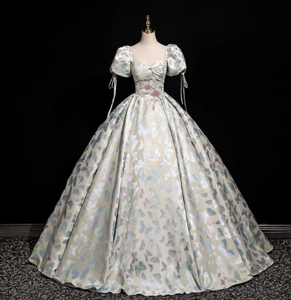 Robe de soirée longue en satin avec manches bouffantes et col carré, motif papillon jacquard, robe de bal de rêve pour les 16 ans P4417