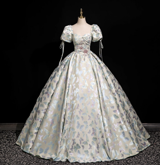 Dreamy Butterfly Jacquard Square Neck Puff Sleeve Satin Long Ball Gown Evening Dress Sweet 16 Dress P4417
