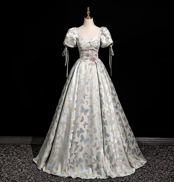 Dreamy Butterfly Jacquard Square Neck Puff Sleeve Satin Long Ball Gown Evening Dress Sweet 16 Dress P4417