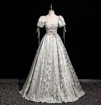 Robe de soirée longue en satin avec manches bouffantes et col carré, motif papillon jacquard, robe de bal de rêve pour les 16 ans P4417