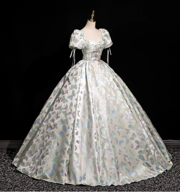 Dreamy Butterfly Jacquard Square Neck Puff Sleeve Satin Long Ball Gown Evening Dress Sweet 16 Dress P4417