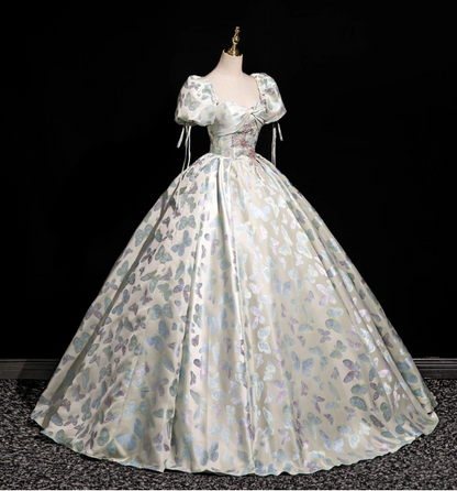 Robe de soirée longue en satin avec manches bouffantes et col carré, motif papillon jacquard, robe de bal de rêve pour les 16 ans P4417