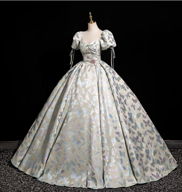 Dreamy Butterfly Jacquard Square Neck Puff Sleeve Satin Long Ball Gown Evening Dress Sweet 16 Dress P4417