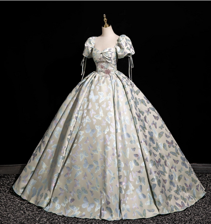 Robe de soirée longue en satin avec manches bouffantes et col carré, motif papillon jacquard, robe de bal de rêve pour les 16 ans P4417