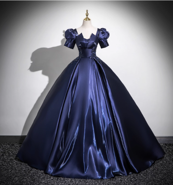 Elegant Navy Blue Puff Sleeve Satin Long Ball Gown Evening Dress Sweet 16 Dress P4418