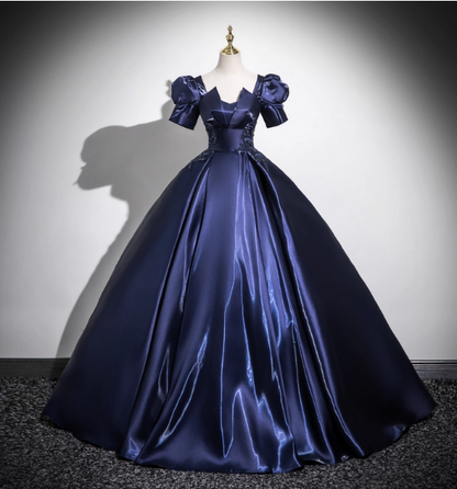 Elegantes dunkelblaues Ballkleid aus Satin mit Puffärmeln, langes Abendkleid für Sweet 16 P4418