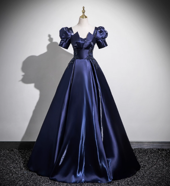 Elegant Navy Blue Puff Sleeve Satin Long Ball Gown Evening Dress Sweet 16 Dress P4418