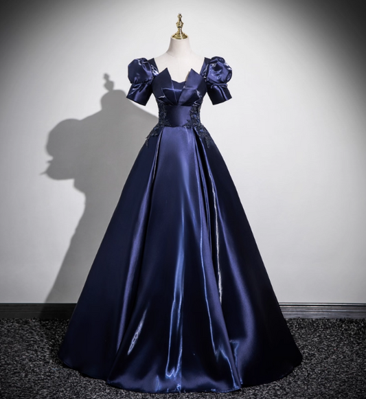 Elegant Navy Blue Puff Sleeve Satin Long Ball Gown Evening Dress Sweet 16 Dress P4418