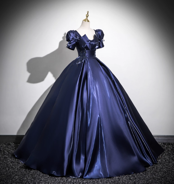 Elegant Navy Blue Puff Sleeve Satin Long Ball Gown Evening Dress Sweet 16 Dress P4418