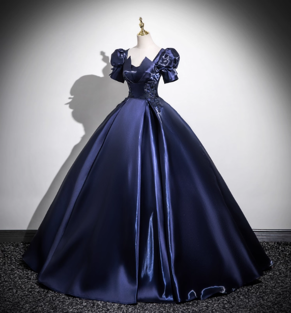 Elegant Navy Blue Puff Sleeve Satin Long Ball Gown Evening Dress Sweet 16 Dress P4418