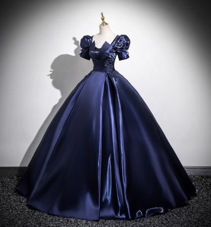 Elegantes dunkelblaues Ballkleid aus Satin mit Puffärmeln, langes Abendkleid für Sweet 16 P4418