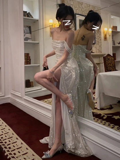 Mermaid Off The Shoulder Sequin Floor Length Prom Dress With Slit 21st  Birthday Outfit P1376 - AS PHOTO / US2