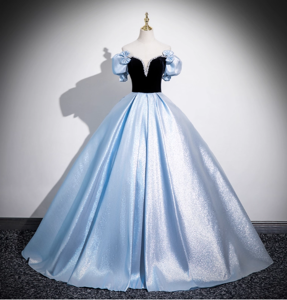 Vintage Court Blue Off-Shoulder Bow Velvet Satin Long Ball Gown Evening Dress Sweet 16 Dress P4419