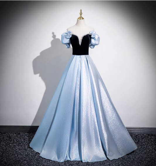Vintage Court Blue Off-Shoulder Bow Velvet Satin Long Ball Gown Evening Dress Sweet 16 Dress P4419