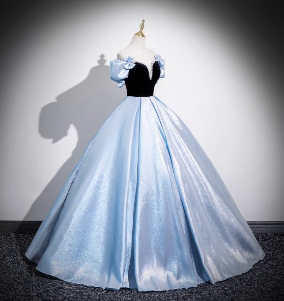 Vintage Court Blue Off-Shoulder Bow Velvet Satin Long Ball Gown Evening Dress Sweet 16 Dress P4419