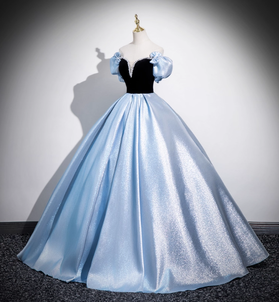 Vintage Court Blue Off-Shoulder Bow Velvet Satin Long Ball Gown Evening Dress Sweet 16 Dress P4419