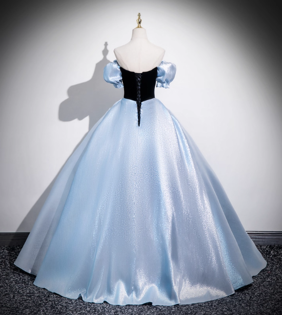 Vintage Court Blue Off-Shoulder Bow Velvet Satin Long Ball Gown Evening Dress Sweet 16 Dress P4419