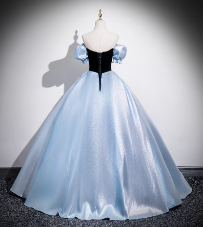 Robe de soirée longue en velours et satin bleu vintage à épaules dénudées avec nœud, robe de bal, robe de 16e anniversaire P4419