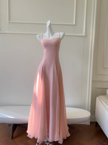 Süßes rosa A-Linien Träger-Chiffon langes Ballkleid Abendkleid P4042