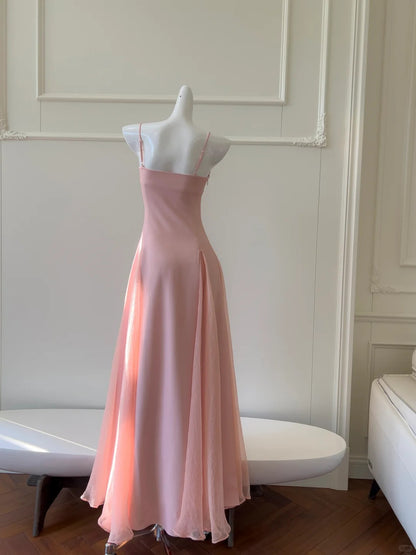 Süßes rosa A-Linien Träger-Chiffon langes Ballkleid Abendkleid P4042