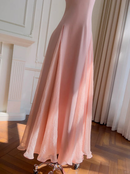 Süßes rosa A-Linien Träger-Chiffon langes Ballkleid Abendkleid P4042