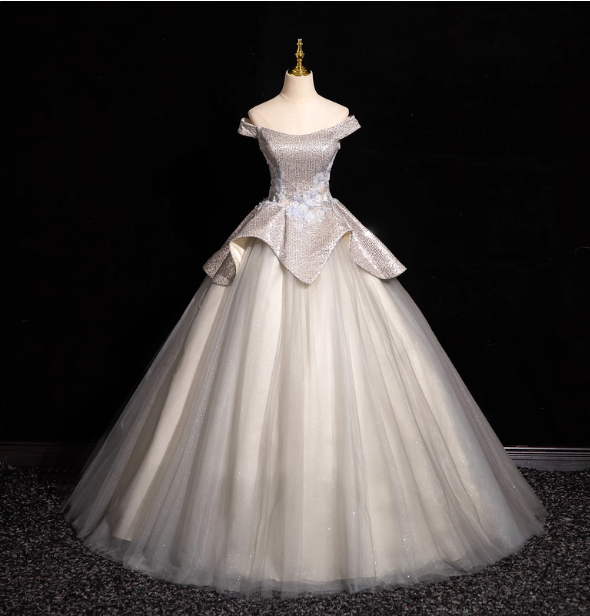 Gorgeous Court Silver-White One-Shoulder Sequin Tulle Long Ball Gown Evening Dress Sweet 16 Dress P4420