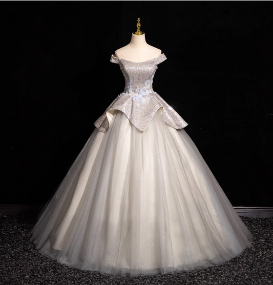 Gorgeous Court Silver-White One-Shoulder Sequin Tulle Long Ball Gown Evening Dress Sweet 16 Dress P4420