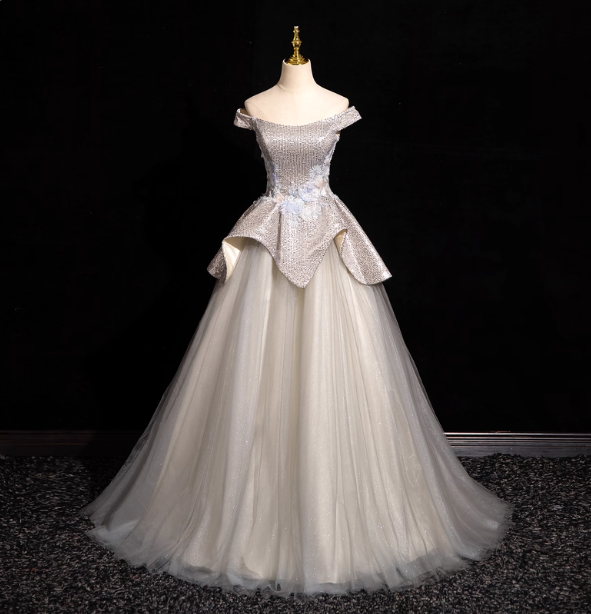 Gorgeous Court Silver-White One-Shoulder Sequin Tulle Long Ball Gown Evening Dress Sweet 16 Dress P4420