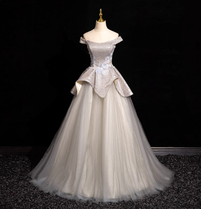 Wunderschönes, silbern-weißes, schulterfreies Pailletten-Tüll-Ballkleid, Abendkleid, Sweet 16 Kleid P4420