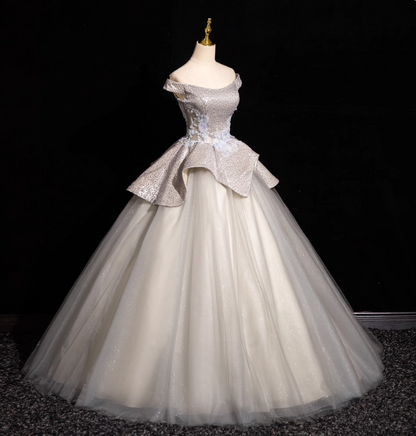 Wunderschönes, silbern-weißes, schulterfreies Pailletten-Tüll-Ballkleid, Abendkleid, Sweet 16 Kleid P4420