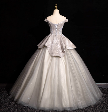 Wunderschönes, silbern-weißes, schulterfreies Pailletten-Tüll-Ballkleid, Abendkleid, Sweet 16 Kleid P4420