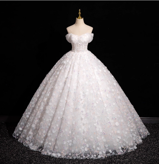 Elegant White 3D Floral Tulle Long Ball Gown Evening Dress Sweet 16 Dress P4421