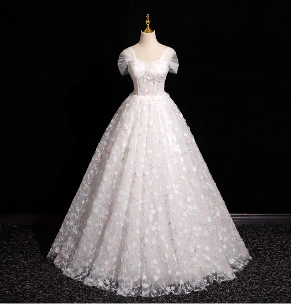 Elegant White 3D Floral Tulle Long Ball Gown Evening Dress Sweet 16 Dress P4421