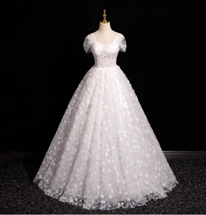 Elegantes weißes 3D-Blumen-Tüll-Ballkleid Abendkleid Sweet 16 Kleid P4421