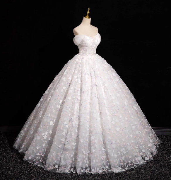 Elegant White 3D Floral Tulle Long Ball Gown Evening Dress Sweet 16 Dress P4421