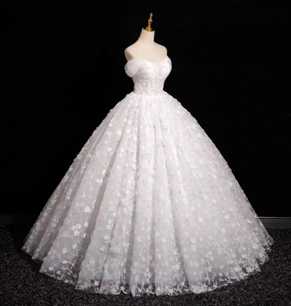 Elegantes weißes 3D-Blumen-Tüll-Ballkleid Abendkleid Sweet 16 Kleid P4421