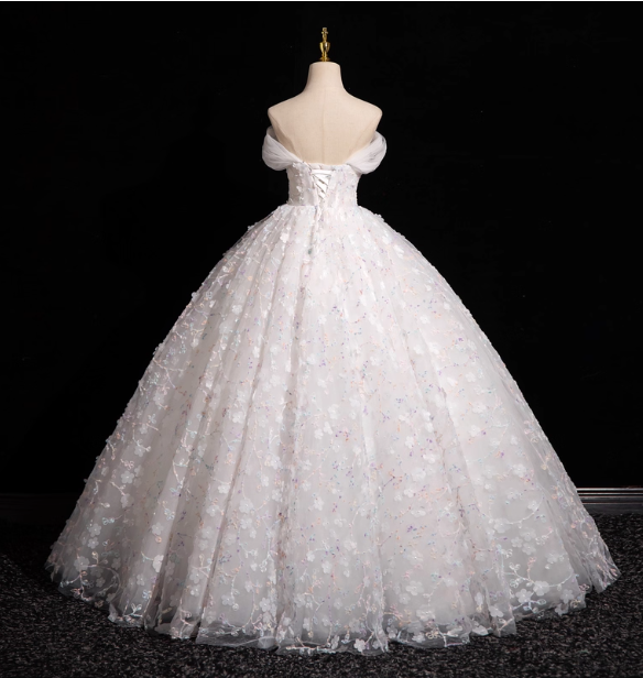 Elegant White 3D Floral Tulle Long Ball Gown Evening Dress Sweet 16 Dress P4421