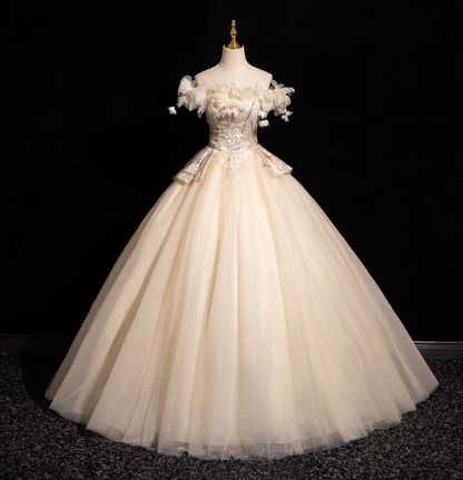 Elegantes champagnerfarbenes One-Shoulder-Abendkleid aus 3D-Blütentüll, langes Ballkleid, Sweet 16 Kleid P4422