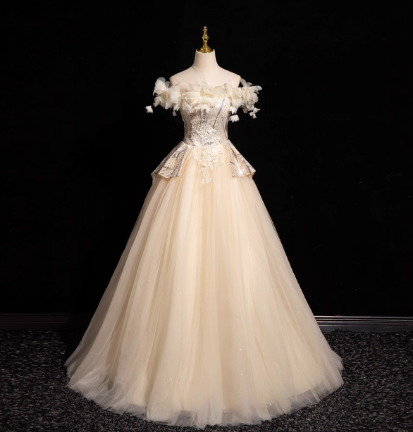 Elegant Champagne One-Shoulder 3D Floral Tulle Long Ball Gown Evening Dress Sweet 16 Dress P4422