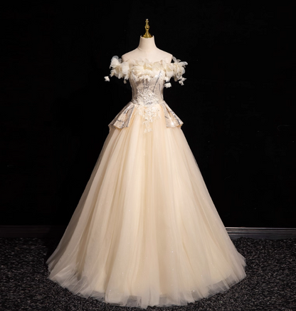 Elegantes champagnerfarbenes One-Shoulder-Abendkleid aus 3D-Blütentüll, langes Ballkleid, Sweet 16 Kleid P4422