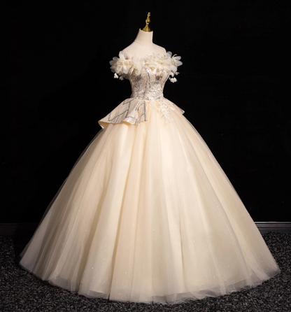 Elegantes champagnerfarbenes One-Shoulder-Abendkleid aus 3D-Blütentüll, langes Ballkleid, Sweet 16 Kleid P4422